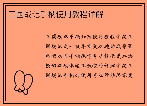 三国战记手柄使用教程详解